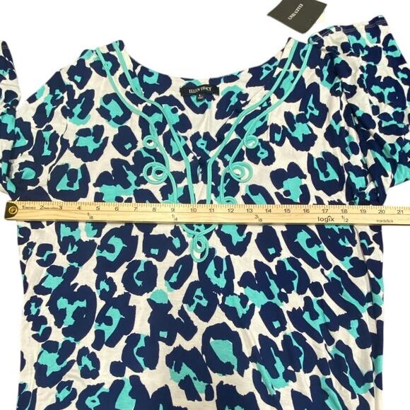 Ellen Tracy Blue Leopard Print Tunic Top Size L – Boho 3/4 Sleeve Blouse - Picture 6 of 7